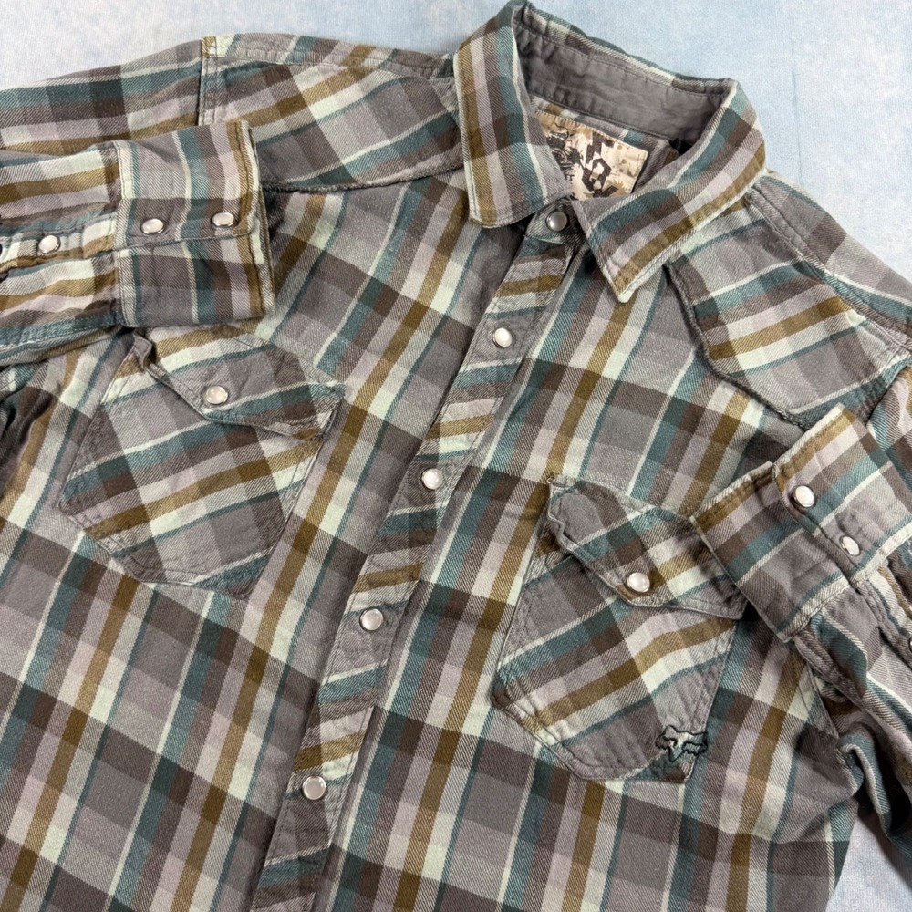 Fox Racing Flannel Shirt Mens L Grey Plaid Excellent Pearl Snap Western Yoke